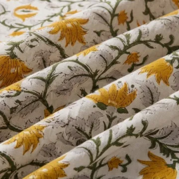 Yellow Floral Hand Block Printed Unstitched Cotton Running Fabric thumbnail 4