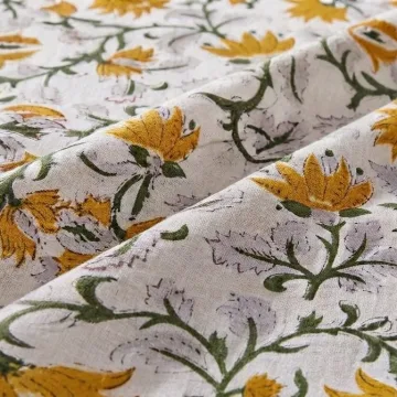 Yellow Floral Hand Block Printed Unstitched Cotton Running Fabric thumbnail 1