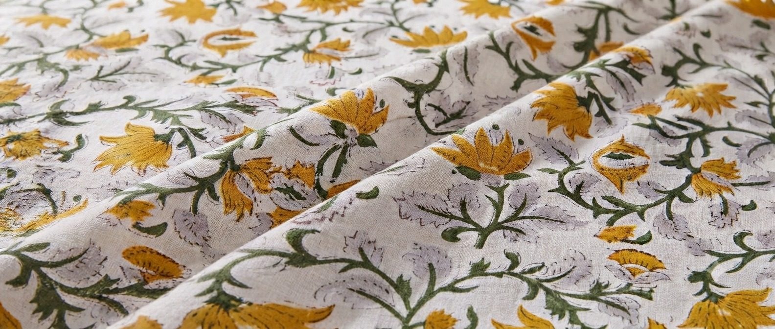 Yellow Floral Hand Block Printed Unstitched Cotton Running Fabric