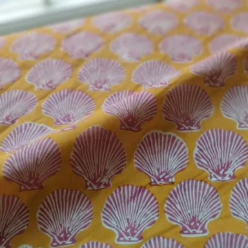 Hand Block Printed Mustard Yellow and Pink Sea Shell Motif Pure Cotton Fabric thumbnail 1