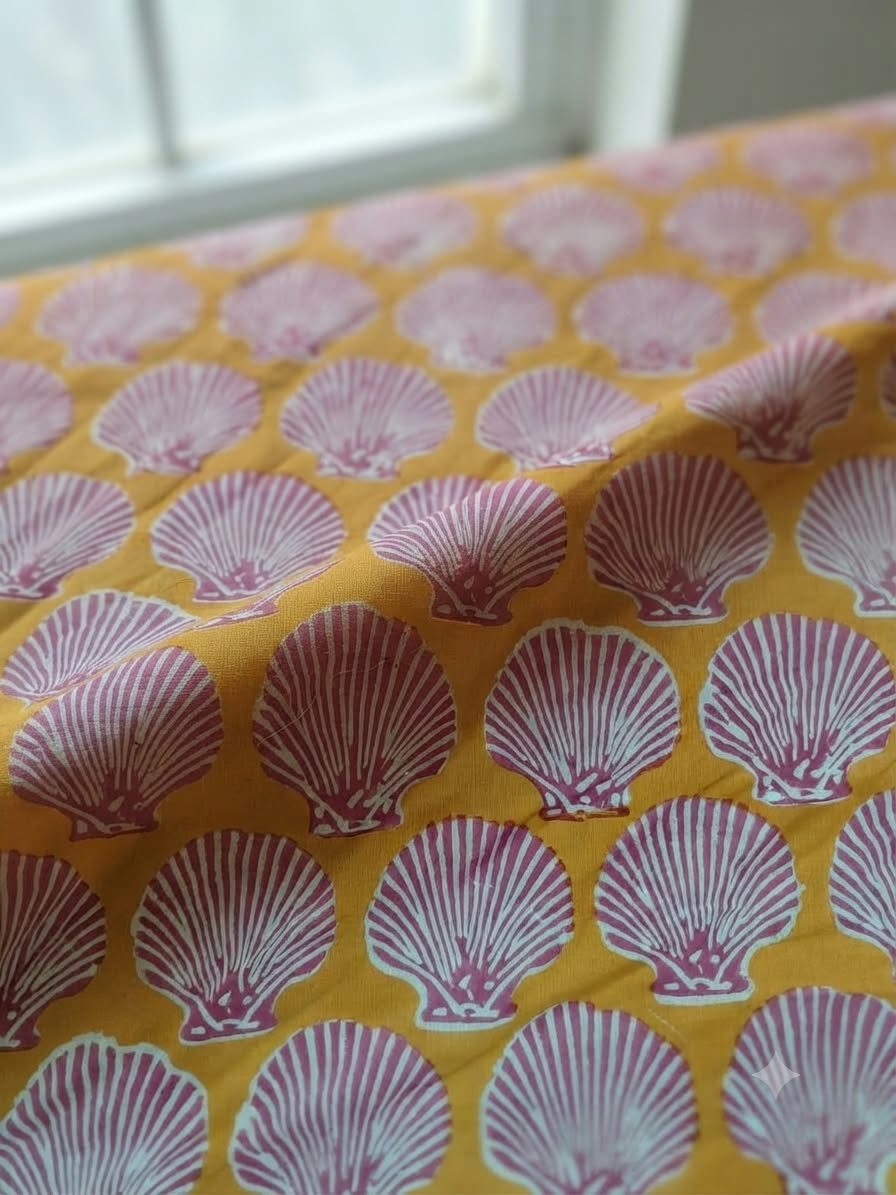Hand Block Printed Mustard Yellow and Pink Sea Shell Motif Pure Cotton Fabric