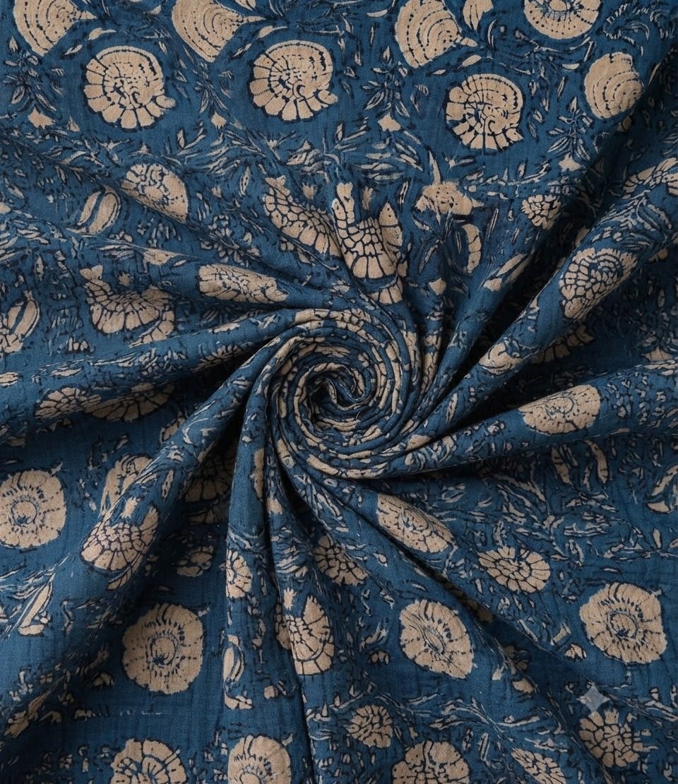 Blue Floral Hand Block Print Pure Cotton Running Material