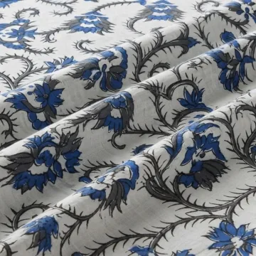 Royal Blue Floral Vine Hand Block Printed Pure Cotton Fabric thumbnail 5