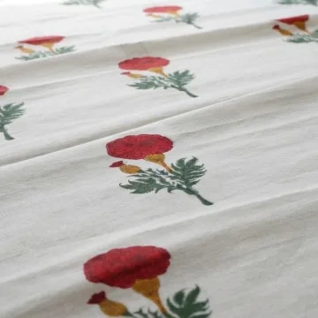 Red Marigold Hand Block Printed Pure Cotton Running Fabric thumbnail 2