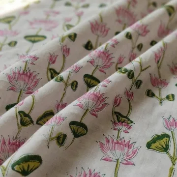 Pink Lotus Vine Hand Block Printed Pure Cotton Fabric thumbnail 1