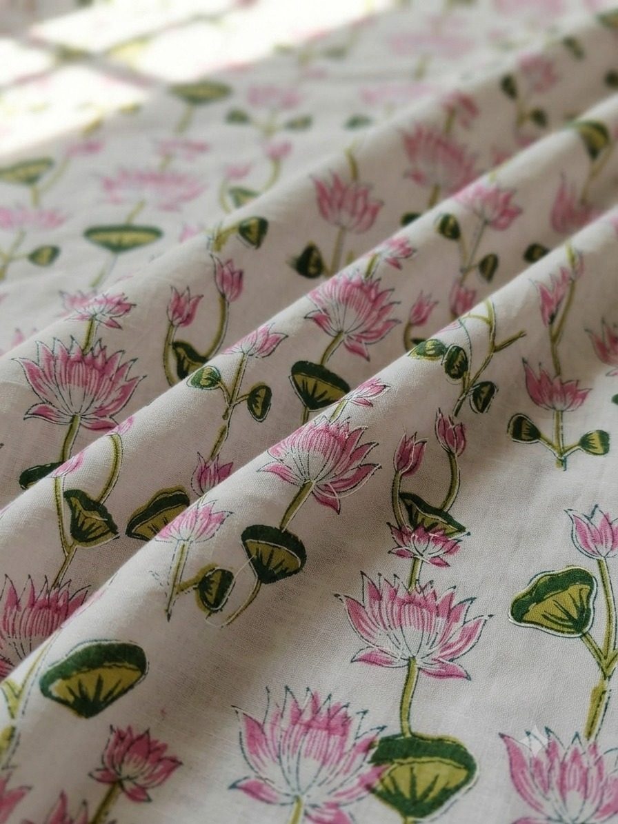 Pink Lotus Vine Hand Block Printed Pure Cotton Fabric