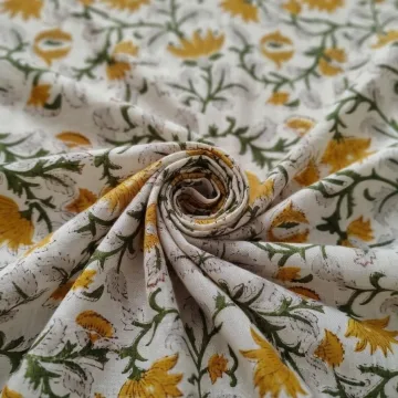 Yellow Floral Hand Block Printed Unstitched Cotton Running Fabric thumbnail 6