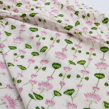 Pink Lotus Vine Hand Block Printed Pure Cotton Fabric thumbnail 2