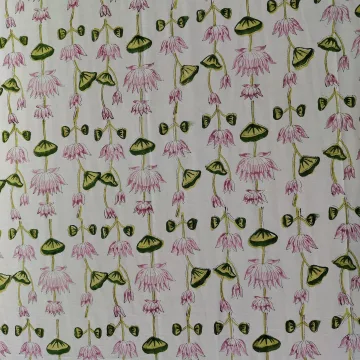 Pink Lotus Vine Hand Block Printed Pure Cotton Fabric thumbnail 3