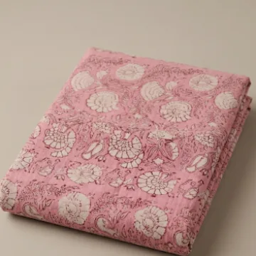 Pink Floral Hand Block Print Cotton Fabric thumbnail 1