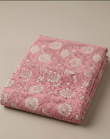 Pink Floral Hand Block Print Cotton Fabric