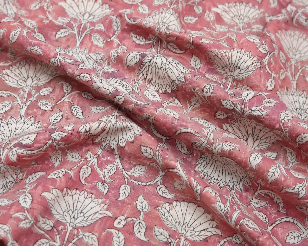 Pink Floral Hand Block Print Pure Cotton Running Material