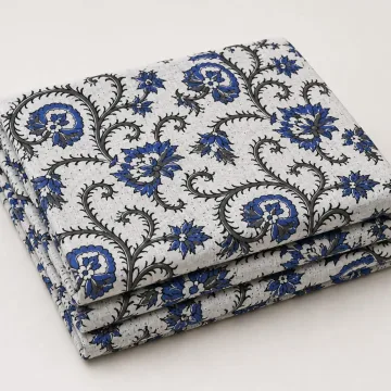 Royal Blue Floral Vine Hand Block Printed Pure Cotton Fabric thumbnail 2