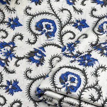 Royal Blue Floral Vine Hand Block Printed Pure Cotton Fabric thumbnail 4