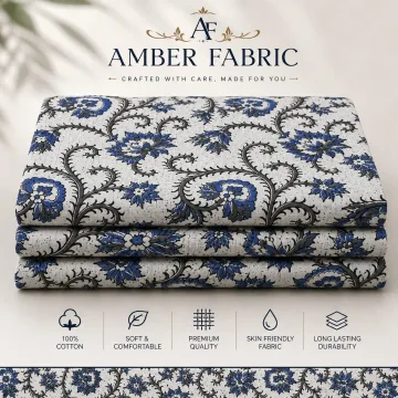 Royal Blue Floral Vine Hand Block Printed Pure Cotton Fabric thumbnail 1