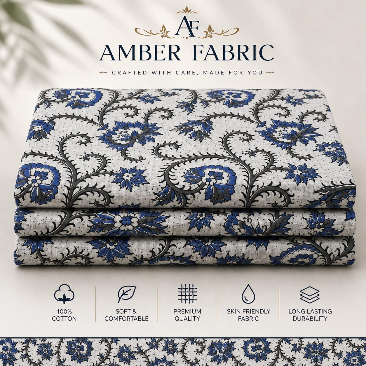Royal Blue Floral Vine Hand Block Printed Pure Cotton Fabric