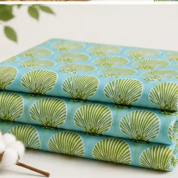 Green Shell Floral Hand Block Print Cotton Running Fabric thumbnail 4