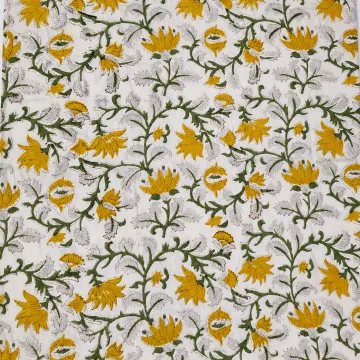 Yellow Floral Hand Block Printed Unstitched Cotton Running Fabric thumbnail 2