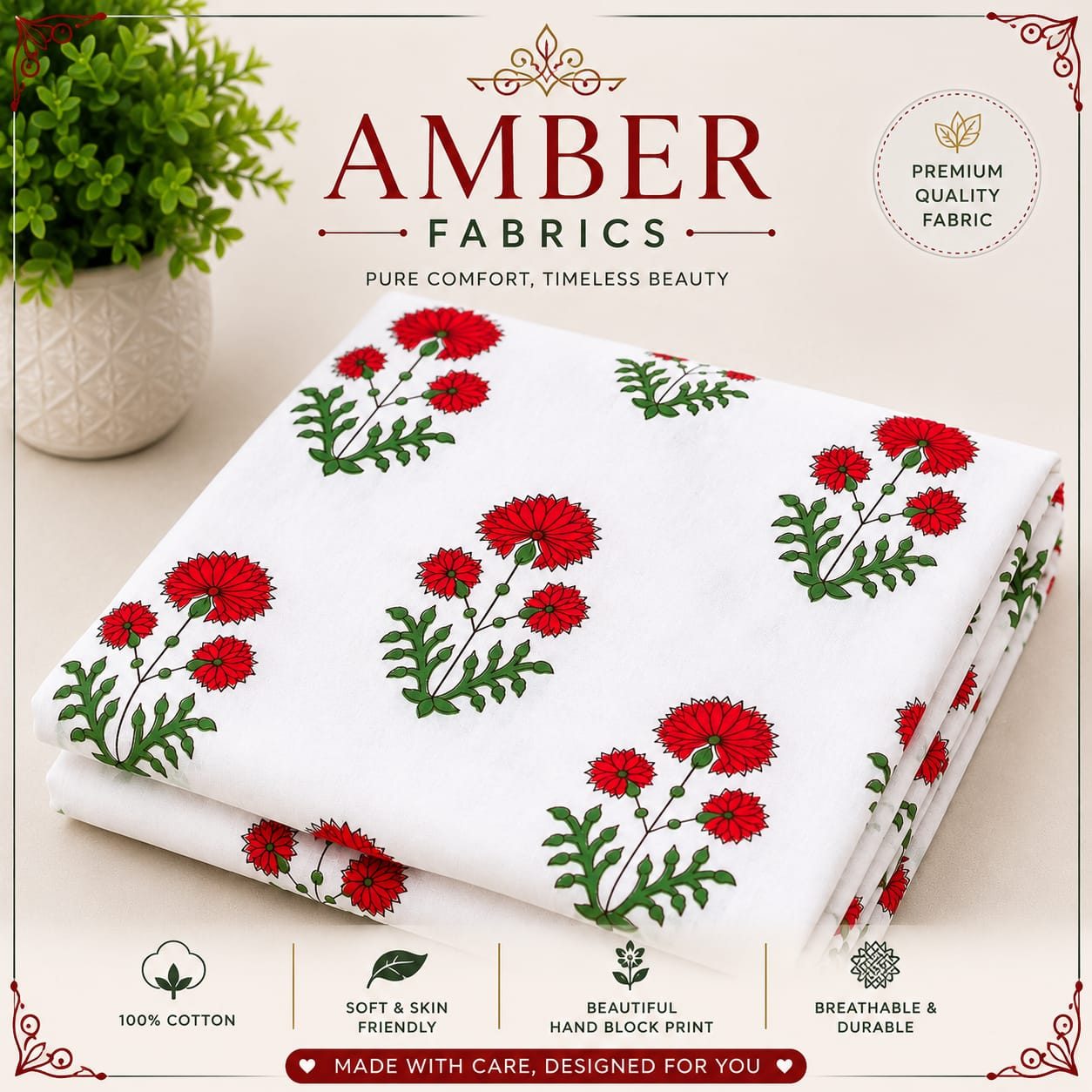 Crimson Floral Booti Authentic Hand Block Print Pure Cotton Fabric