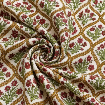 Mughal Floral Hand Block Printed Pure Cotton Fabric thumbnail 2