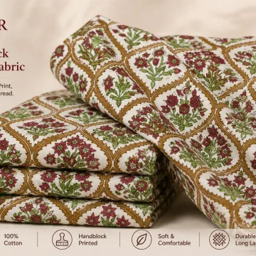 Mughal Floral Hand Block Printed Pure Cotton Fabric thumbnail 1