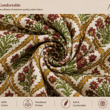 Mughal Floral Hand Block Printed Pure Cotton Fabric thumbnail 3