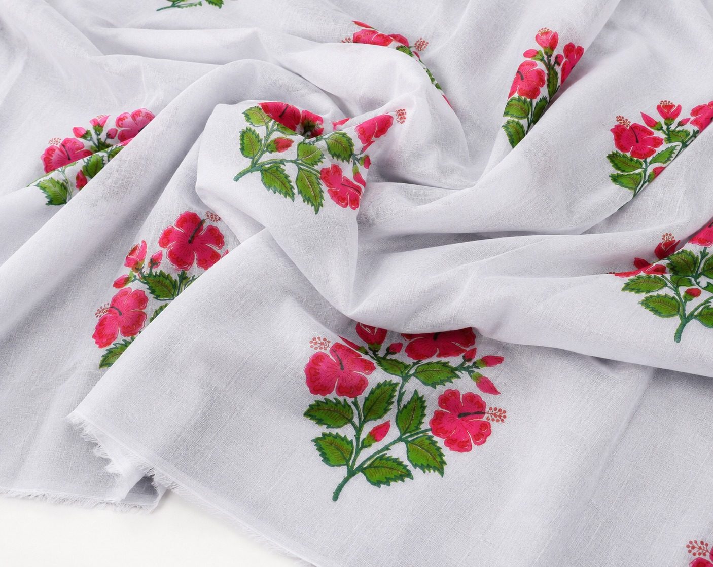 White & Pink Floral Hand Block Printed Cotton Fabric