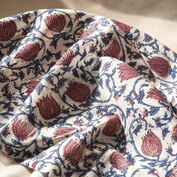 Floral Jaal Hand Block Printed Cotton Fabric - Pink & Blue thumbnail 2