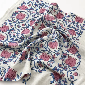 Floral Jaal Hand Block Printed Cotton Fabric - Pink & Blue thumbnail 3