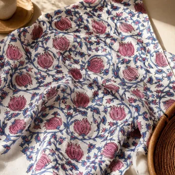 Floral Jaal Hand Block Printed Cotton Fabric - Pink & Blue thumbnail 1