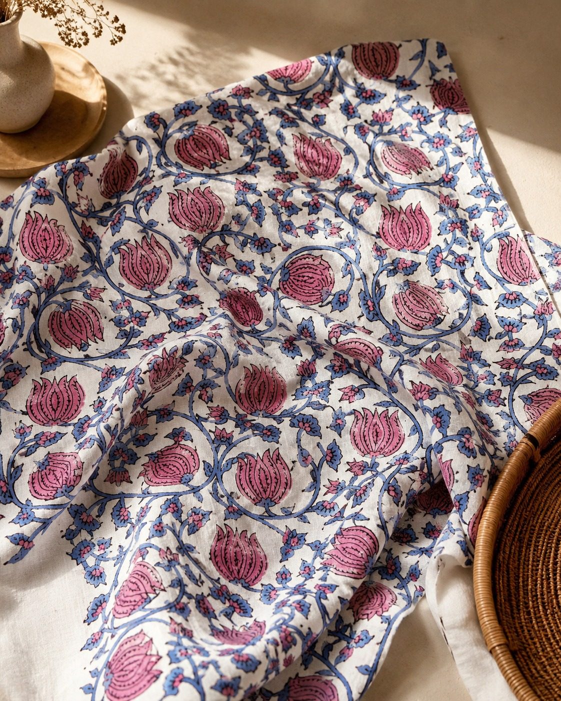 Floral Jaal Hand Block Printed Cotton Fabric - Pink & Blue