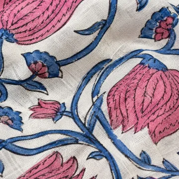 Floral Jaal Hand Block Printed Cotton Fabric - Pink & Blue thumbnail 4