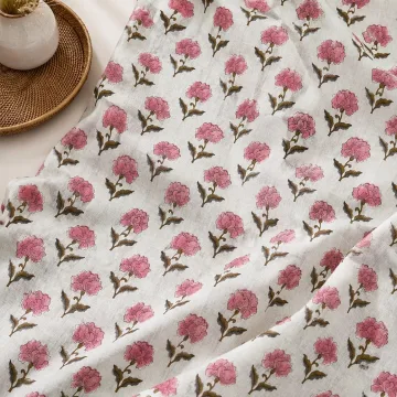 Pink Rose Floral Hand Block Print Pure Cotton Fabric thumbnail 4