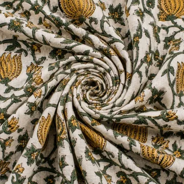 Mustard & Sage Floral Vine Hand-Block Printed Cotton Fabric thumbnail 2