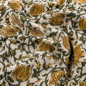 Mustard & Sage Floral Vine Hand-Block Printed Cotton Fabric thumbnail 4