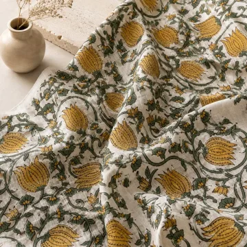 Mustard & Sage Floral Vine Hand-Block Printed Cotton Fabric thumbnail 5