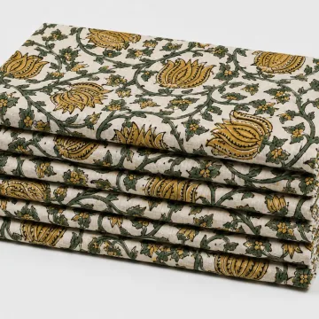 Mustard & Sage Floral Vine Hand-Block Printed Cotton Fabric thumbnail 1
