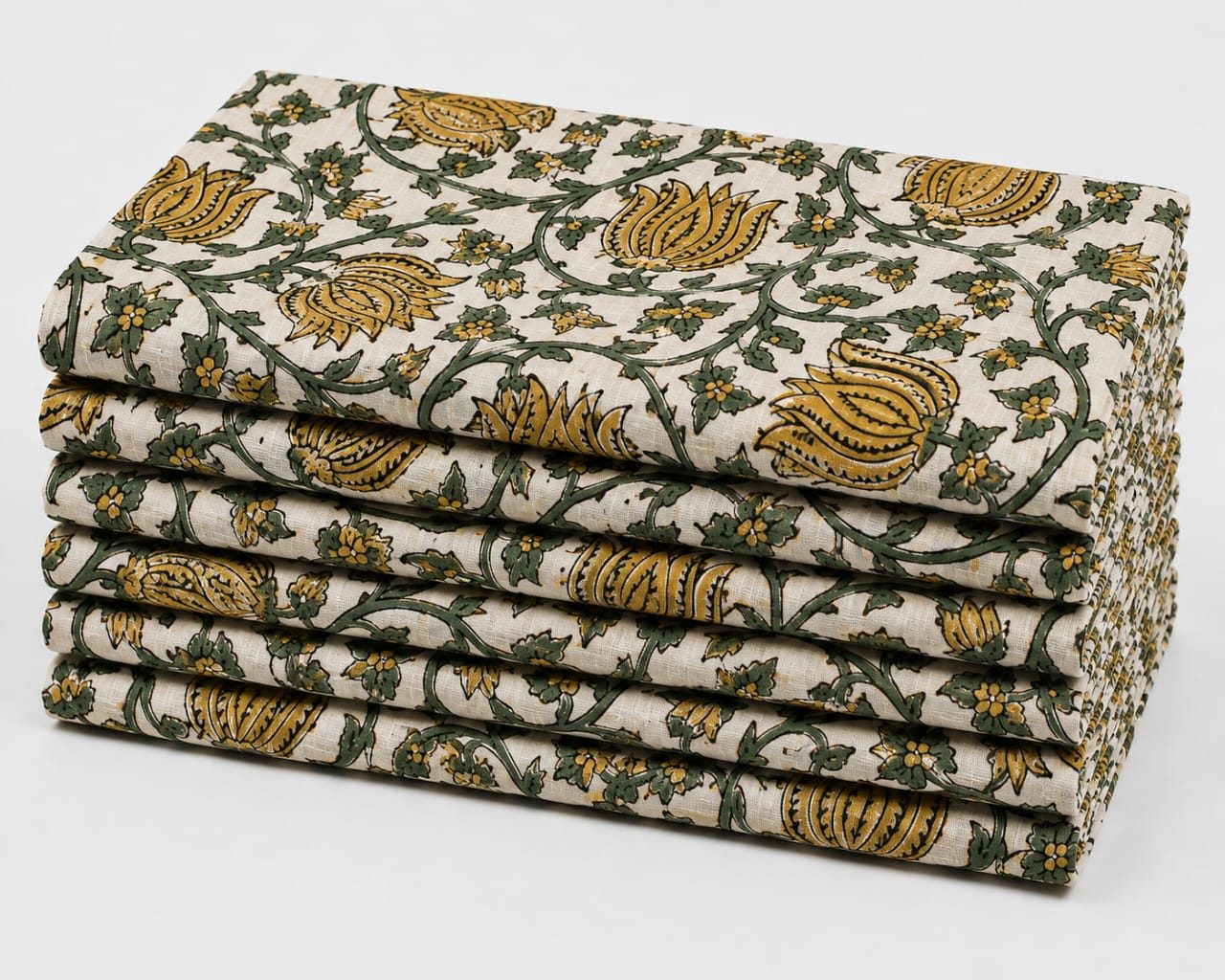 Mustard & Sage Floral Vine Hand-Block Printed Cotton Fabric