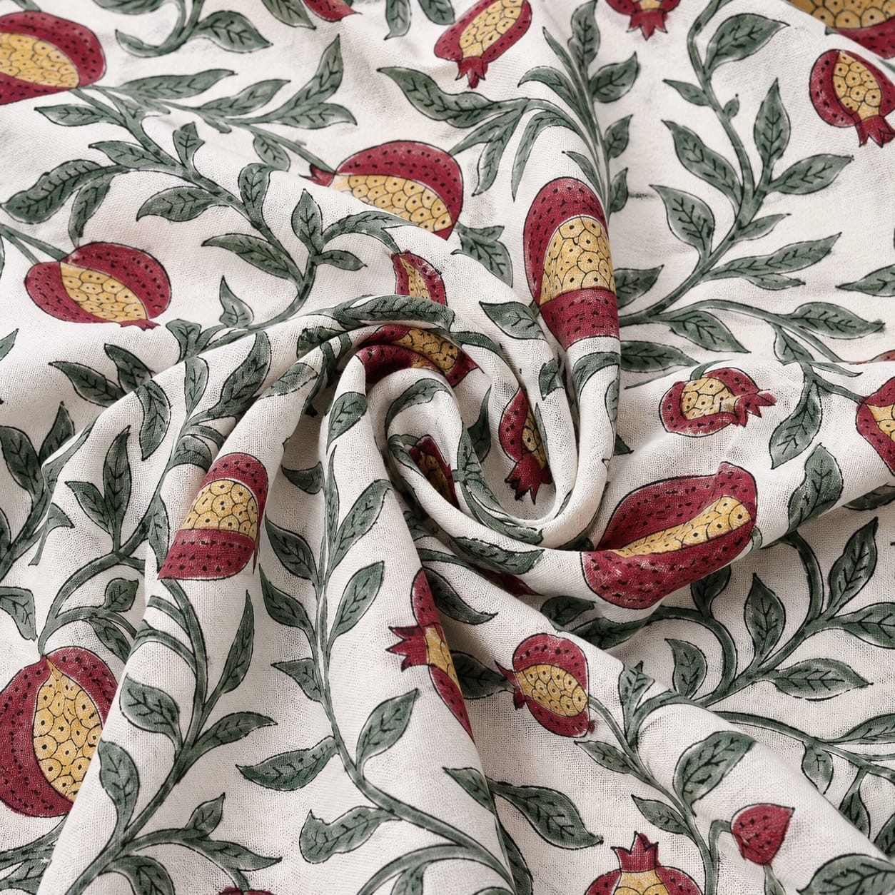 Crimson Pomegranate Botanical Hand Block Print Cotton Fabric