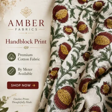 Crimson Pomegranate Botanical Hand Block Print Cotton Fabric thumbnail 5
