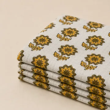 Sunflower Floral Hand Block Printed Cotton Running Fabric