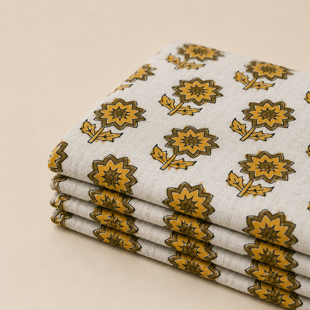 Sunflower Floral Hand Block Printed Cotton Running Fabric