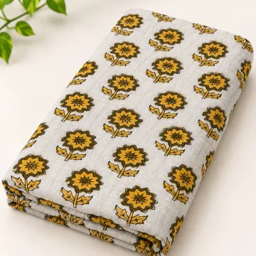 Sunflower Floral Hand Block Printed Cotton Running Fabric thumbnail 4