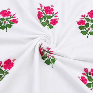 White & Pink Floral Hand Block Printed Cotton Fabric thumbnail 3
