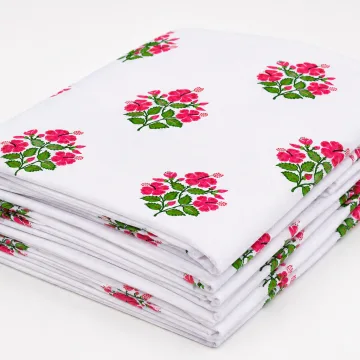 White & Pink Floral Hand Block Printed Cotton Fabric thumbnail 4