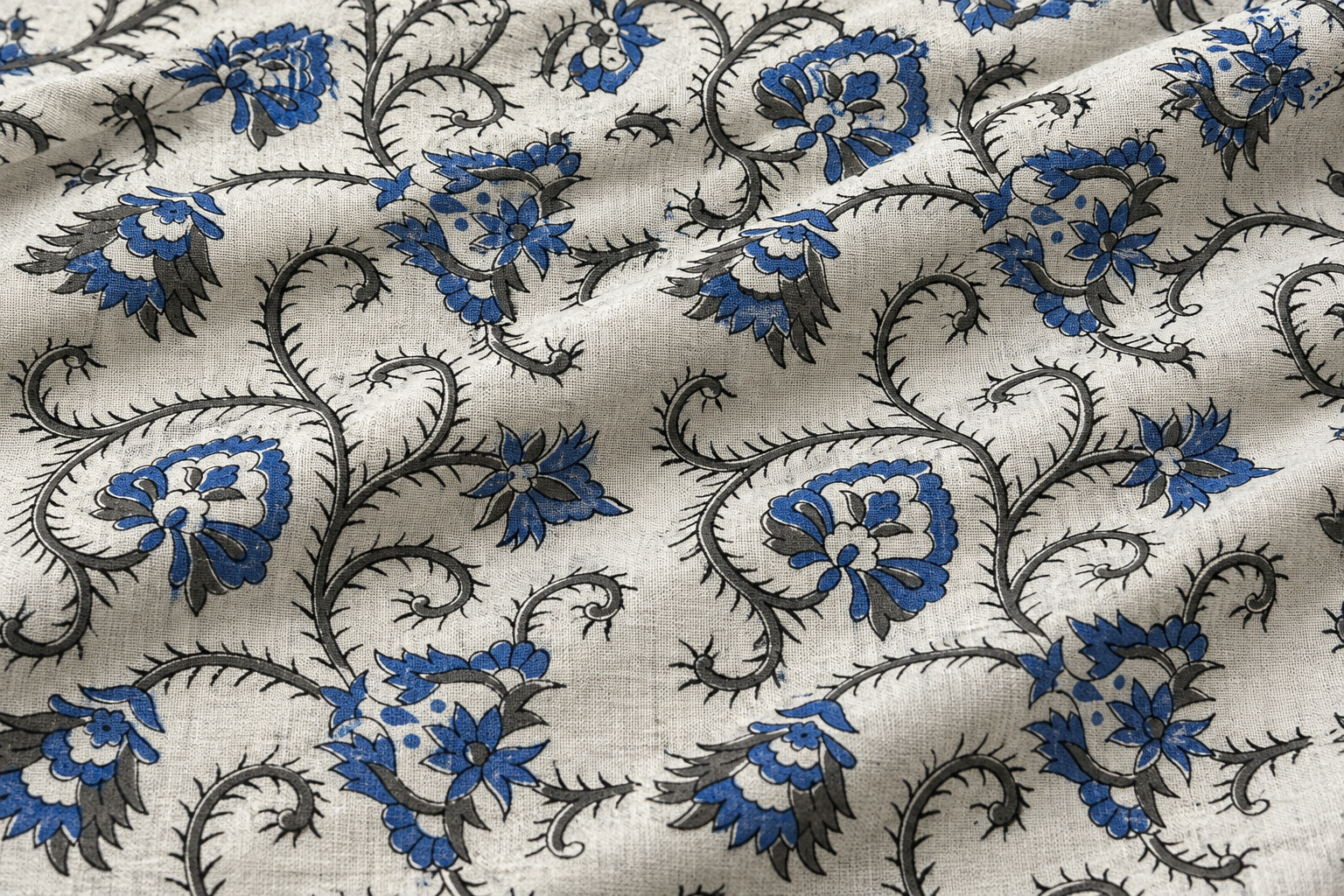 Royal Blue Floral Vine Hand Block Printed Pure Cotton Fabric