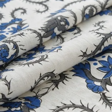 Royal Blue Floral Vine Hand Block Printed Pure Cotton Fabric thumbnail 7