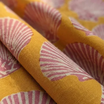 Hand Block Printed Mustard Yellow and Pink Sea Shell Motif Pure Cotton Fabric thumbnail 4