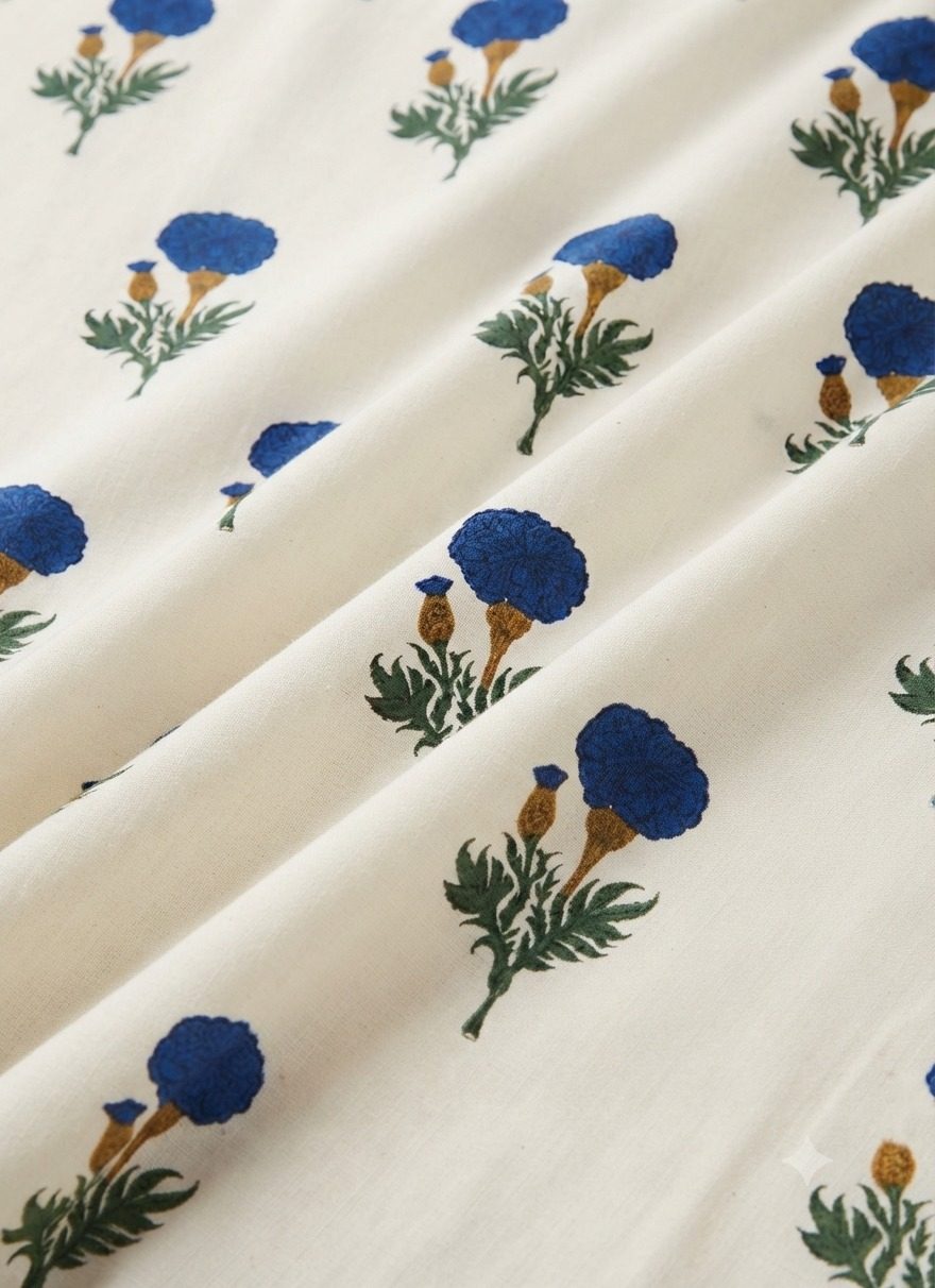 Blue Floral Hand Block Printed Cotton