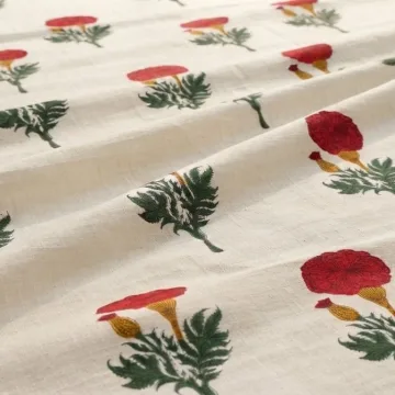 Red Marigold Hand Block Printed Pure Cotton Running Fabric thumbnail 3